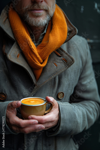 A man is holding a cup of coffee with the word latte on it (ID: 778290071)