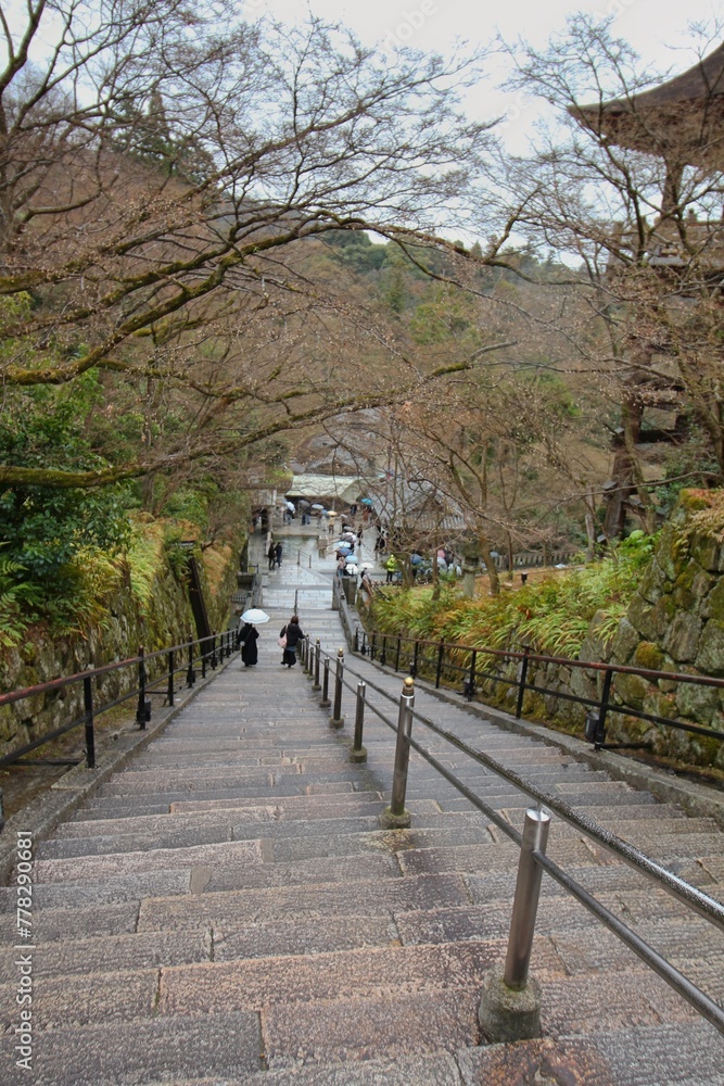 Deep stairs in the  the Kiyomizudera Temple complex in Kyoto, Japan