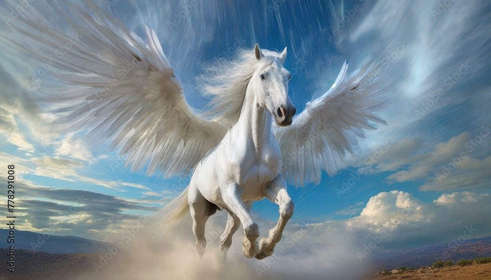 A beautiful white horse with big white wings running in the sky with its wings spread