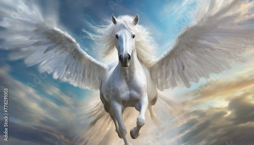 A beautiful white horse with big white wings running in the sky with its wings spread © dynasty