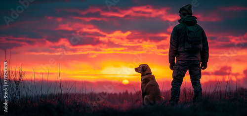 male hunter standing with a dog in a field at sunset in autumn hunting in wild nature