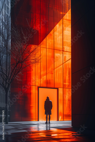 A man stands in front of a orange building down on sunlight