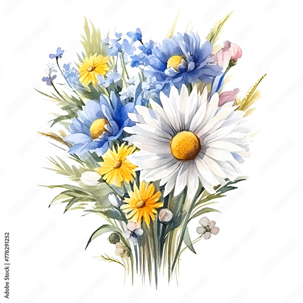 Fototapeta premium Watercolor painting of daisies and blue wildflowers with foliage