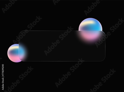 Glass morphism style. Floating blurry spheres with rectangular transparent banner.