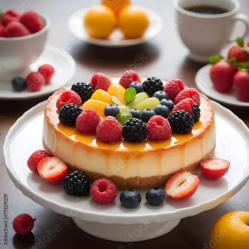 Delicious fruit flan on plate ready to serve