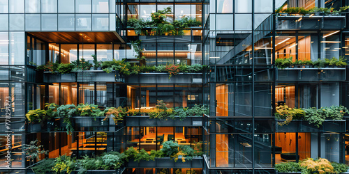 Office Building with Glass Facade and Integrated Greenery. Modern design