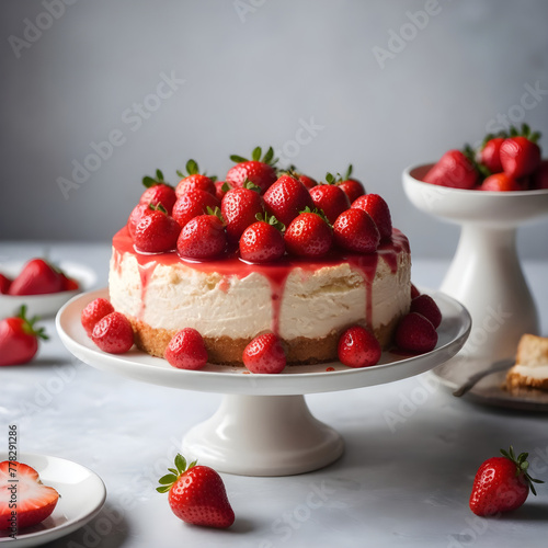 Cheesecake with strawberries on cake tray ready to serve.