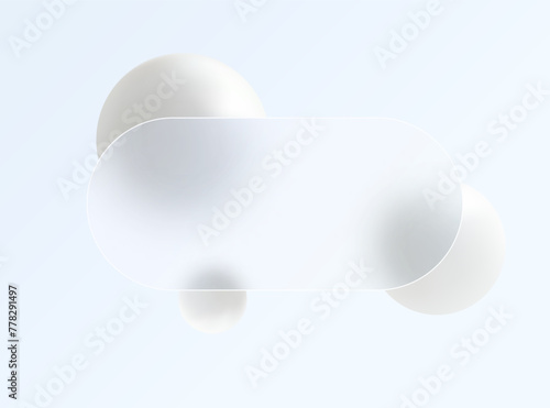 Glass morphism landing page. Vector illustration with blurry floating spheres and transparent frame.