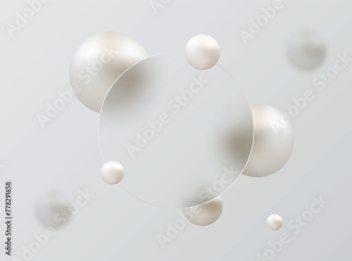 Glass morphism landing page with round transparent frame. Illustration with blurry floating spheres. © lesikvit