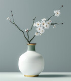 A white minimalistic vase with sakura flowers in it 