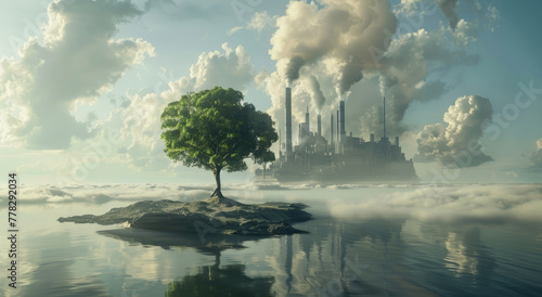 A green tree stands on an island in the middle of desolate land, with smoke coming out from behind it and towering buildings rising into the sky