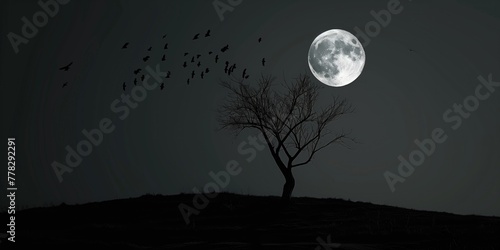 Minimalist Black and White Wallpaper, Full Moon Over Solitary Tree in Stark Landscape