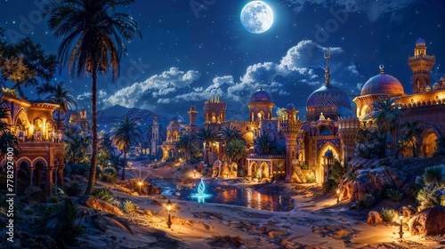 Enchanted Arabian Nights Cityscape with Moonlit Sky and Palms.