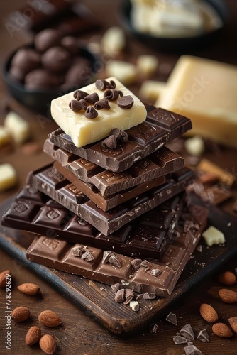 Cute 3D chocolate and cheese board on a simple background © Naret