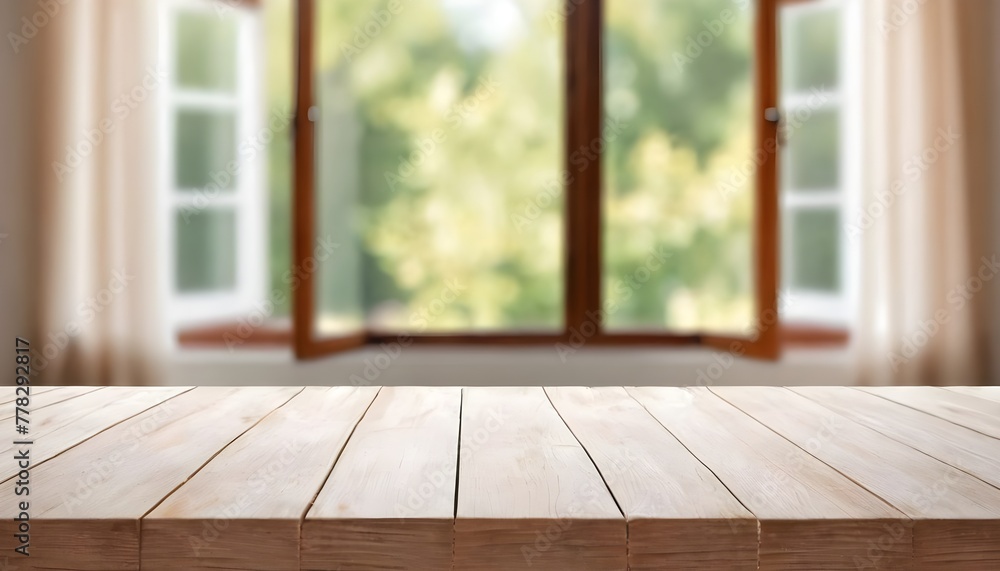 Empty Wooden table top with window view during summertime. Empty Wooden table top with window view during summertime.