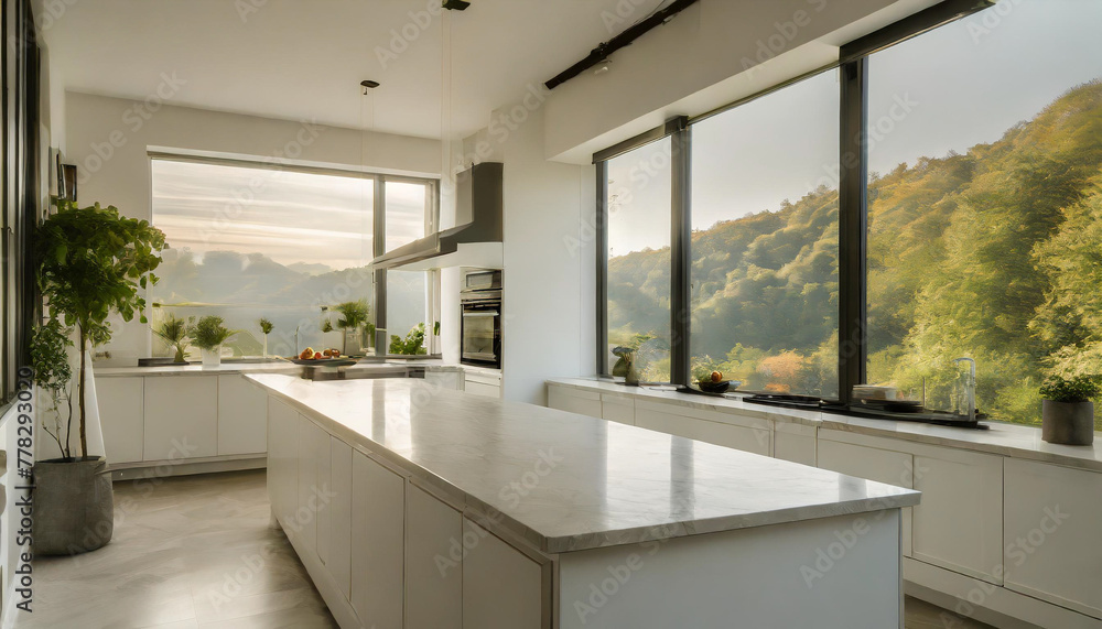 a kitchen with a large counter top next to a window a kitchen with a large counter top next to a window