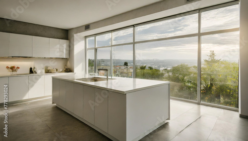 a kitchen with a large counter top next to a window