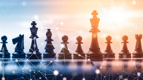 Chess pieces placed on a board with a light background. Abstract images that show the use of intelligence and strategy.