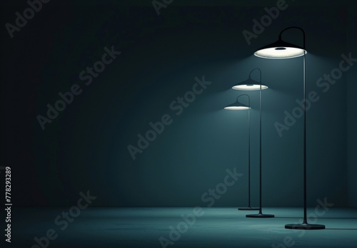 A few long lamps at different angles emit light in a dark environment  photo