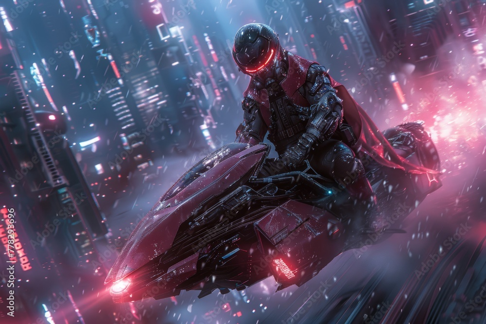 Fototapeta premium Futuristic Bike Rider Speeding in Rain