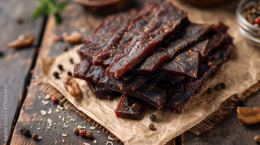 Savory beef jerky strips laid out on parchment paper over a rustic wooden table, with spices scattered around. Savory beef jerky strips laid out on parchment paper over a rustic wooden table, with spices scattered around.