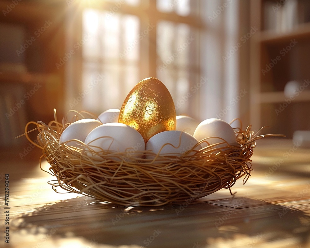 Golden egg in a basket of white eggs, sunlit room, gentle shadows