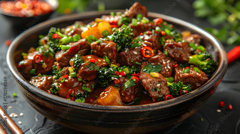 Cinematic Presentation of Beef and Broccoli Stir-Fry with Rice on a Decorated Table Cinematic Presentation of Beef and Broccoli Stir-Fry with Rice on a Decorated Table
