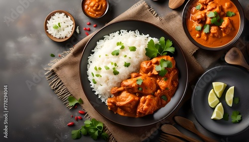 Delicious butter chicken with rice served on table, flat lay. Space for text
