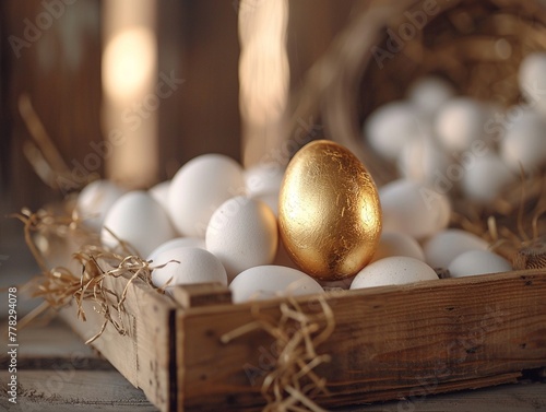 Golden egg nestled among white eggs, wooden crate background, soft morning light, uniqueness theme , clip art, 8K , high-resolution, ultra HD,up32K HD photo