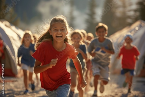 Summer Children's Portrait: a vivid image of a joyful child spending time at summer camp, surrounded by games, adventure and camaraderie, captured on canvas with cheerful colors.