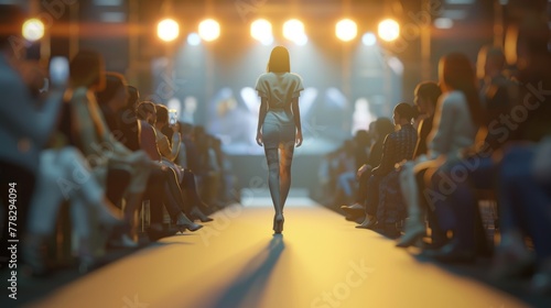 Fashion Show Elegance, Back view of a female model confidently walking down the runway, surrounded by an audience under the spotlight photo