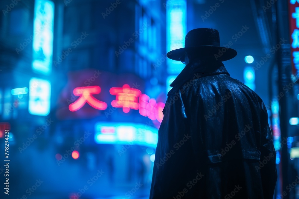 Obraz premium Mysterious Figure on Rainy Neon-lit City Street