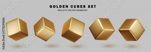 Gold metallic 3d cubes set isolated. Realistic vector geometric shape different angles in perspective.