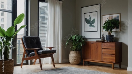 A chair, a cabinet, a rug, a window, a curtain, a picture, a plant in a basket, a plant in a pot, and a plant in a vase are the visible elements in this image.