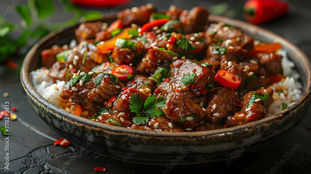 Cinematic Presentation of Beef Teriyaki with Rice and Vegetables on a Decorated Table Cinematic Presentation of Beef Teriyaki with Rice and Vegetables on a Decorated Table