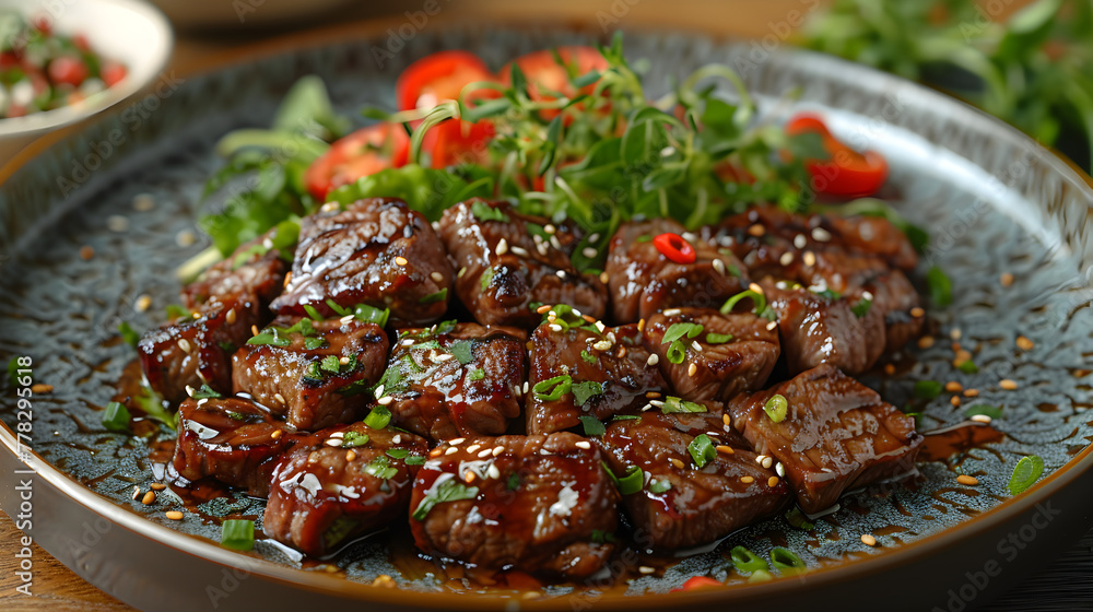 Cinematic Presentation of Beef Teriyaki with Rice and Vegetables on a Decorated Table Cinematic Presentation of Beef Teriyaki with Rice and Vegetables on a Decorated Table