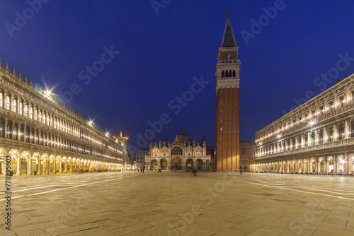An empty illuminated San Marco square with the bell tower and the cathedral at blue hour on a winter evening, Venice, Veneto, Italy © Sebastian