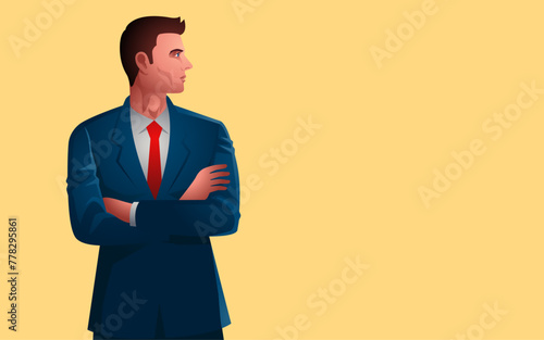 Businessman wearing suit with arms crossed, vector illustration