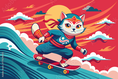 kung fu cat play skateboard background wave japan style