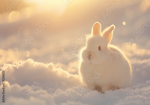 A cute white rabbit, fluffy and chubby, sitting on the snow with its head raised. The background is blurred, creating soft lighting and a warm color tone © Kien