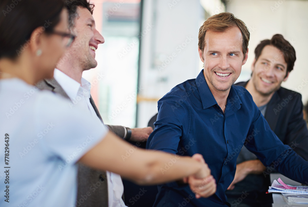 Business people, team and handshake for welcome in office, partnership and b2b connection for deal. Colleagues, hr and networking for recruitment, offer and onboarding in interview for opportunity Business people, team and handshake for welcome in office, partnership and b2b connection for deal. Colleagues, hr and networking for recruitment, offer and onboarding in interview for opportunity