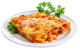 Creamy Lasagna Delight on White Plate. White or PNG Transparent Background.