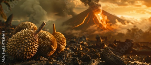 Closeup of durian with volcanic ash dusting, against a backdrop of an erupting volcano near the coast