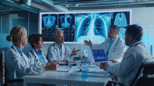 In the conference room, medical providers and doctors in white coats sat around large screens showing chest xray images, with one doctor pointing at an X-ray of someone's lungs to discuss findings photo