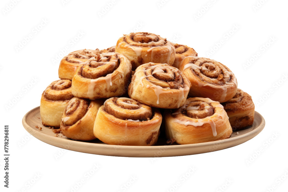 A Symphony of Cinnamon: A Plate of Freshly Baked Cinnamon Rolls on a White Canvas. White or PNG Transparent Background.