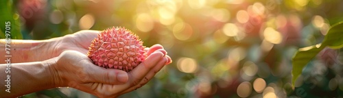 Hand holding pink durian, blurred garden background, focus on unique fruit, sunny day