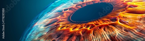 Human eye crosssection, detailed layers, illuminated from behind, closeup, scientific illustration photo