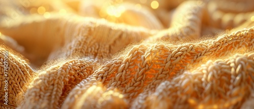 Knit fabric closeup, macro view, warm light patches, comforting bokeh, soft texture