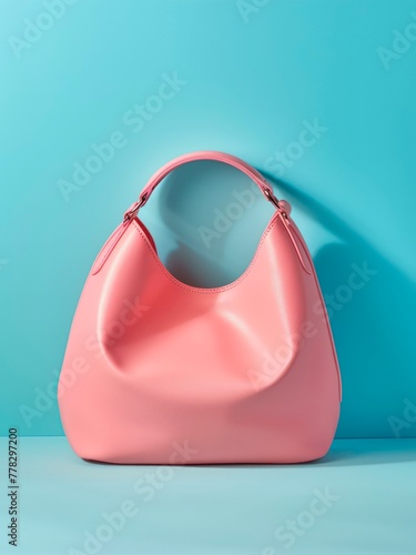 Light pink leather female handbag on blue background.