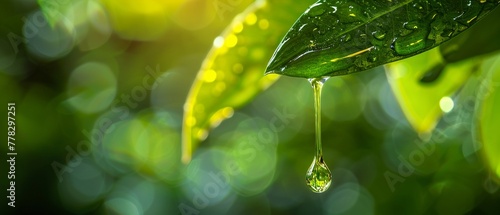 Rubber tree sap dripping, closeup, soft natural light, lush green backdrop, raw latex detail photo